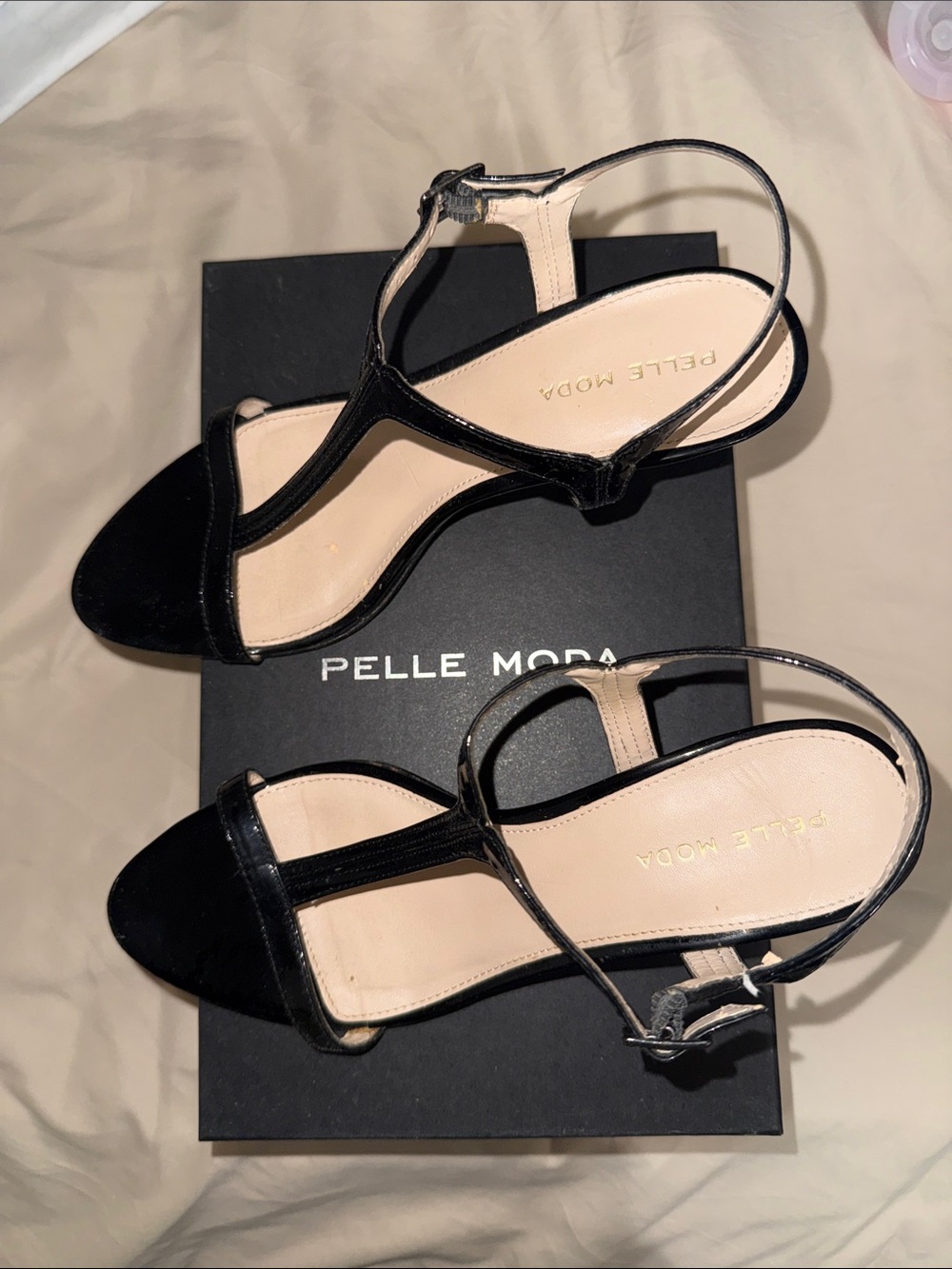 Pelle Moda Black T-Strap Open-Toe Slingback Heels